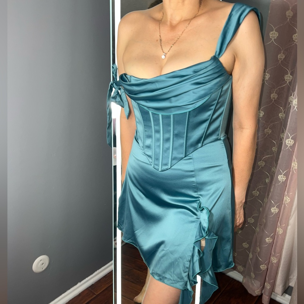 OH POLLY Off shoulder corset mini dress in teal